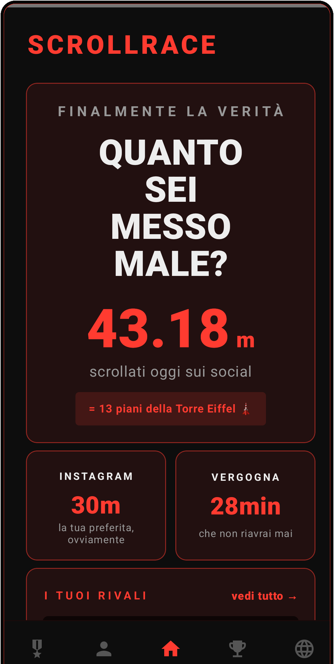 Schermata Home di ScrollRace con metri scrollati oggi